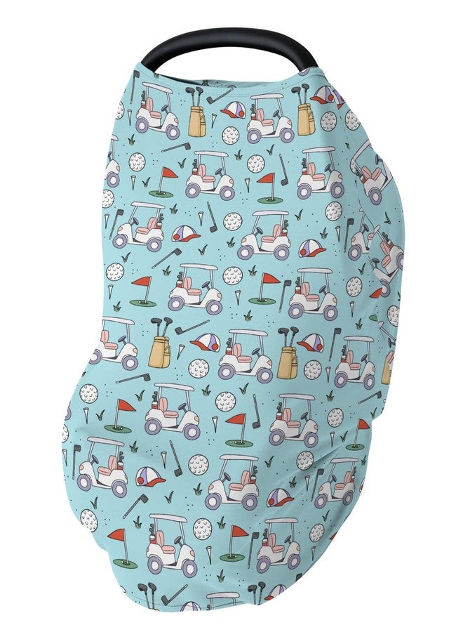 ZoUbqchY Golf Baby Car Seat Covers Sports Golfing Stretchy 5-in-1 Cover Adjustable Infant Carseat Cover Canopy Golf Clubs Bag Balls Breathable Nursing Cover-Up Blue - Image 1